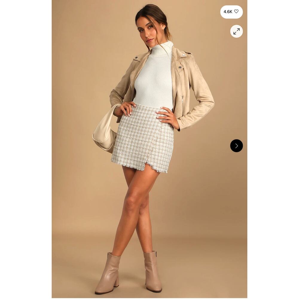 LULUS NWT Preppy Reputation Ivory Plaid Tweed Faux-Wrap Mini Skirt // XL - Picture 12 of 13
